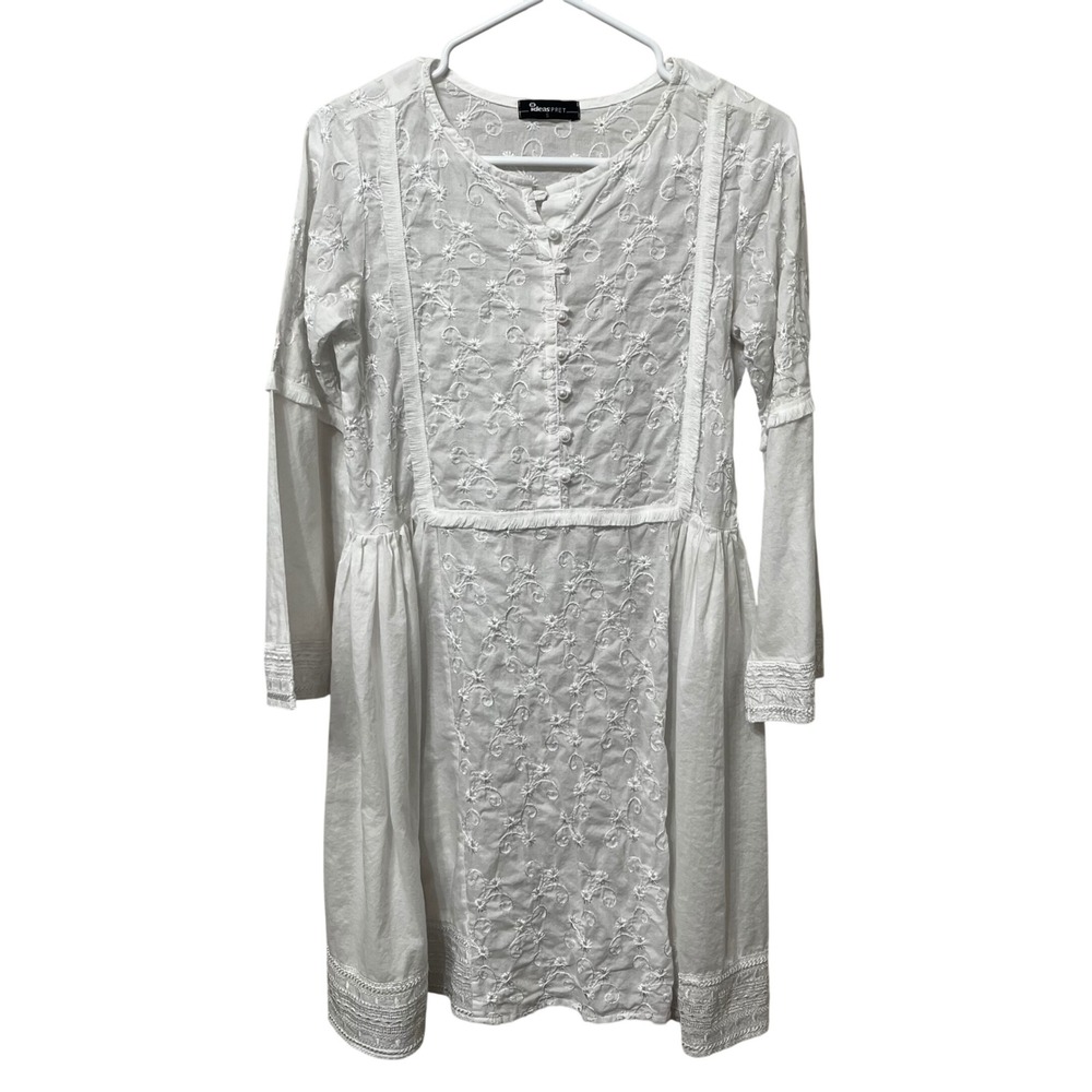 Ideas Pret White Cotton Embroidered Tunic Dress Long Sleeve Boho Kurta Womens‎ S